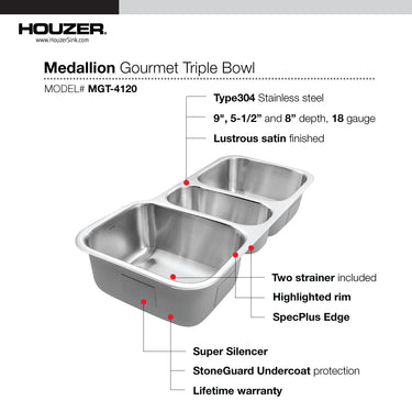 Houzer Medallion 40 inch Stainless Steel Undermount Triple Bowl Kitchen Sink with Strainers & Grids